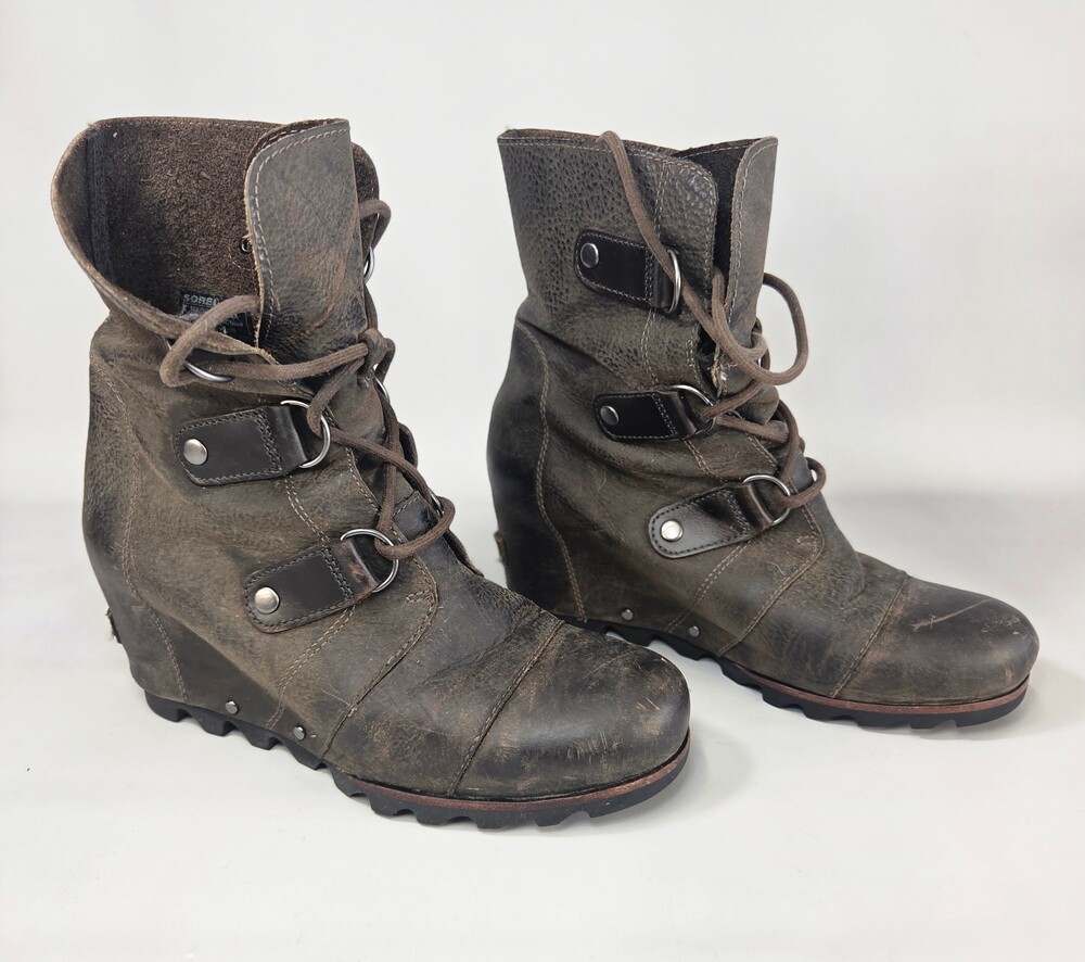 Sorel Wedge Boots Size 9 Gray Leather Lace-Up Ankle Boots